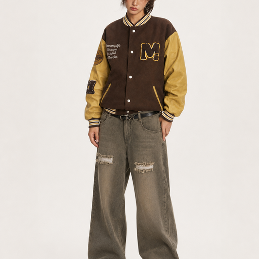 Unisex Vintage Brown & Mustard M-Patch Oversized Varsity Leather Jacket