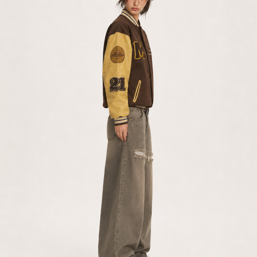 Unisex Vintage Brown & Mustard M-Patch Oversized Varsity Leather Jacket