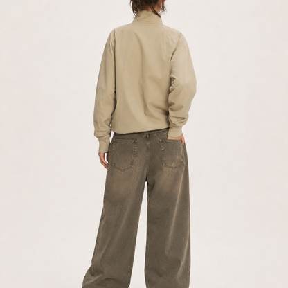 Women’s Vintage Beige Regular-Fit High-Neck Zip-Up Bomber Jacket