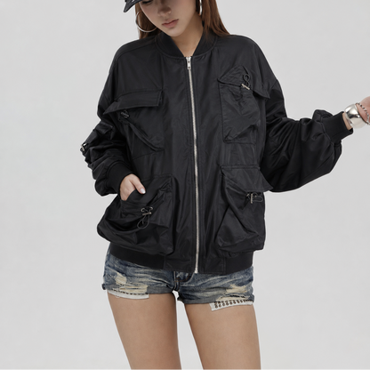 Unisex Vintage Black Oversized Multi-Pocket Utility Bomber Jacket
