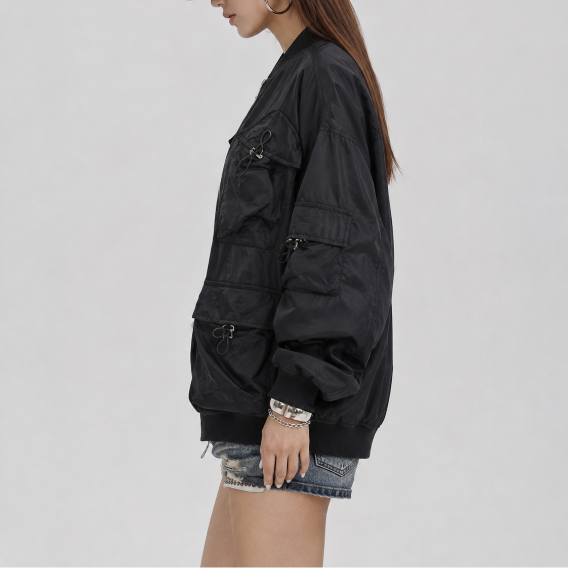 Unisex Vintage Black Oversized Multi-Pocket Utility Bomber Jacket