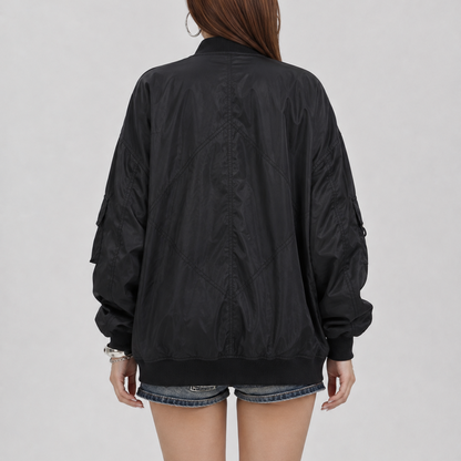 Unisex Vintage Black Oversized Multi-Pocket Utility Bomber Jacket