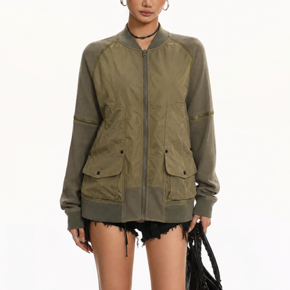 Women’s Vintage Olive Green Relaxed-Fit Textured Sleeve Utility Bomber Jacket
