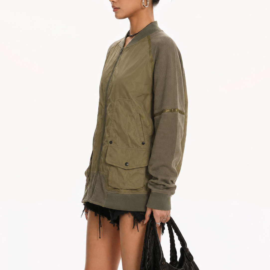 Women’s Vintage Olive Green Relaxed-Fit Textured Sleeve Utility Bomber Jacket