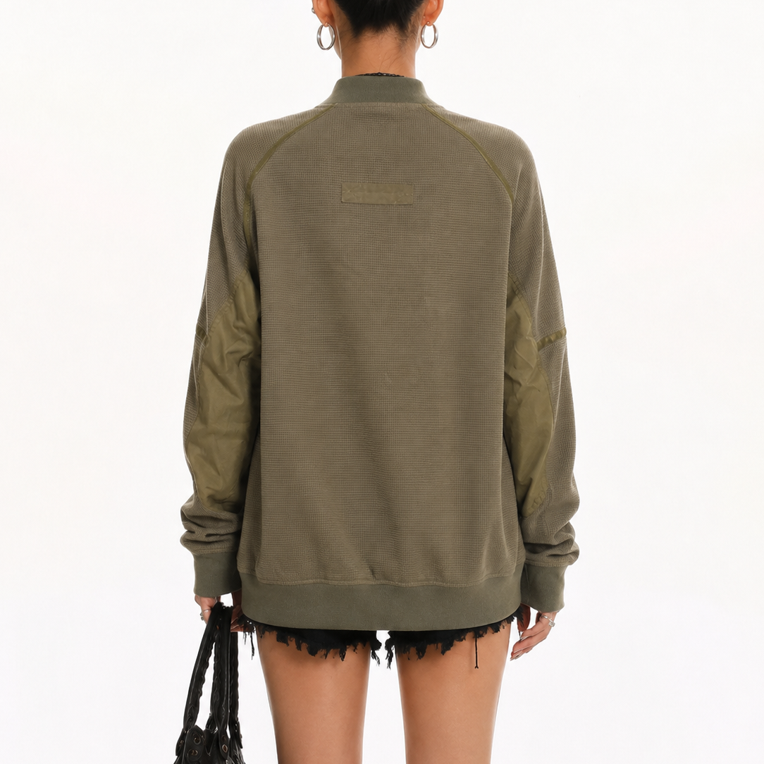 Women’s Vintage Olive Green Relaxed-Fit Textured Sleeve Utility Bomber Jacket