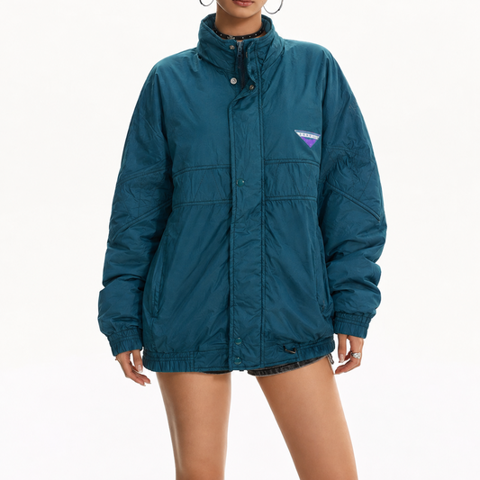 Unisex Vintage Teal Blue Oversized High-Neck Padded Puffed Bomber Jacket