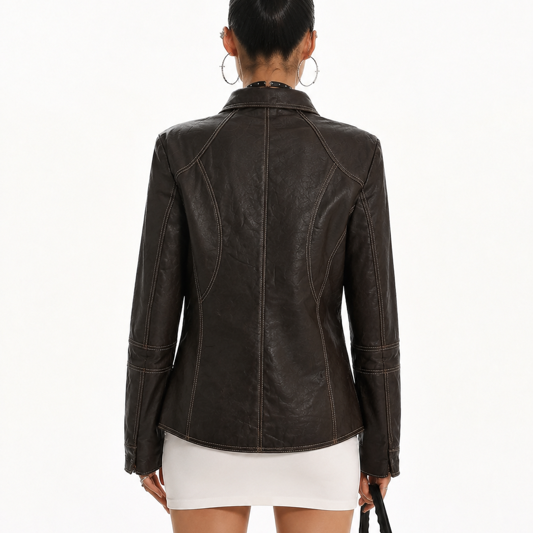 Women’s Vintage Dark Brown Fitted Panelled Zip Leather Jacket