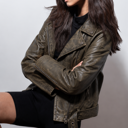 Women’s Vintage Distressed Olive Green Relaxed-Fit Moto Leather Jacket