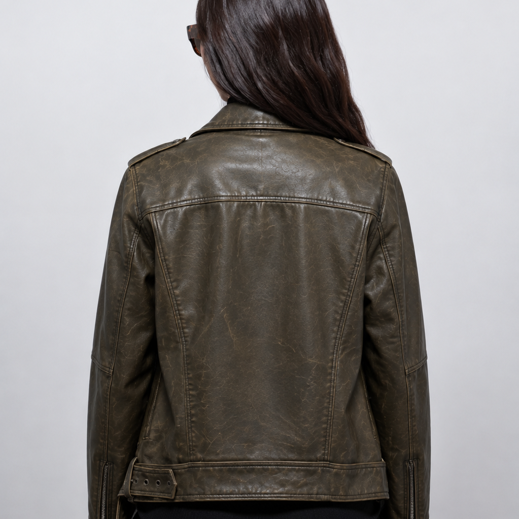 Women’s Vintage Distressed Olive Green Relaxed-Fit Moto Leather Jacket
