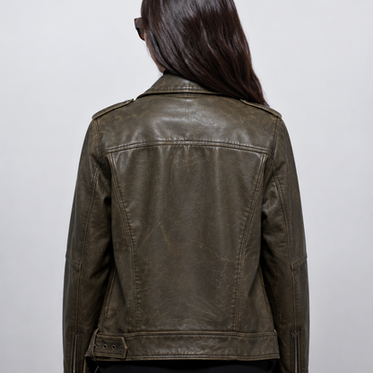 Women’s Vintage Distressed Olive Green Relaxed-Fit Moto Leather Jacket