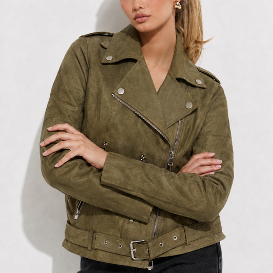 Women’s Vintage Olive Green Distressed Biker Fit Leather Jacket