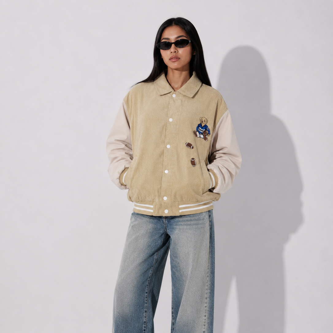 Women's Jacket - Beige Corduroy Varsity Bomber