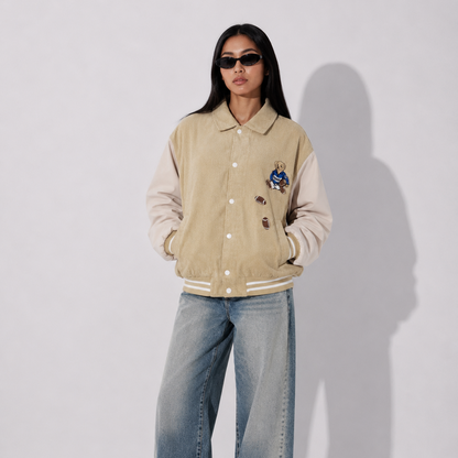 Women's Jacket - Beige Corduroy Varsity Bomber