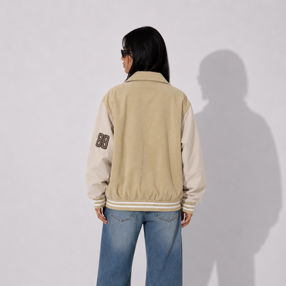 Women's Jacket - Beige Corduroy Varsity Bomber