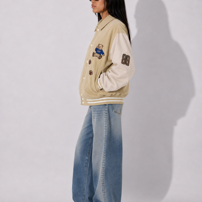 Women's Jacket - Beige Corduroy Varsity Bomber