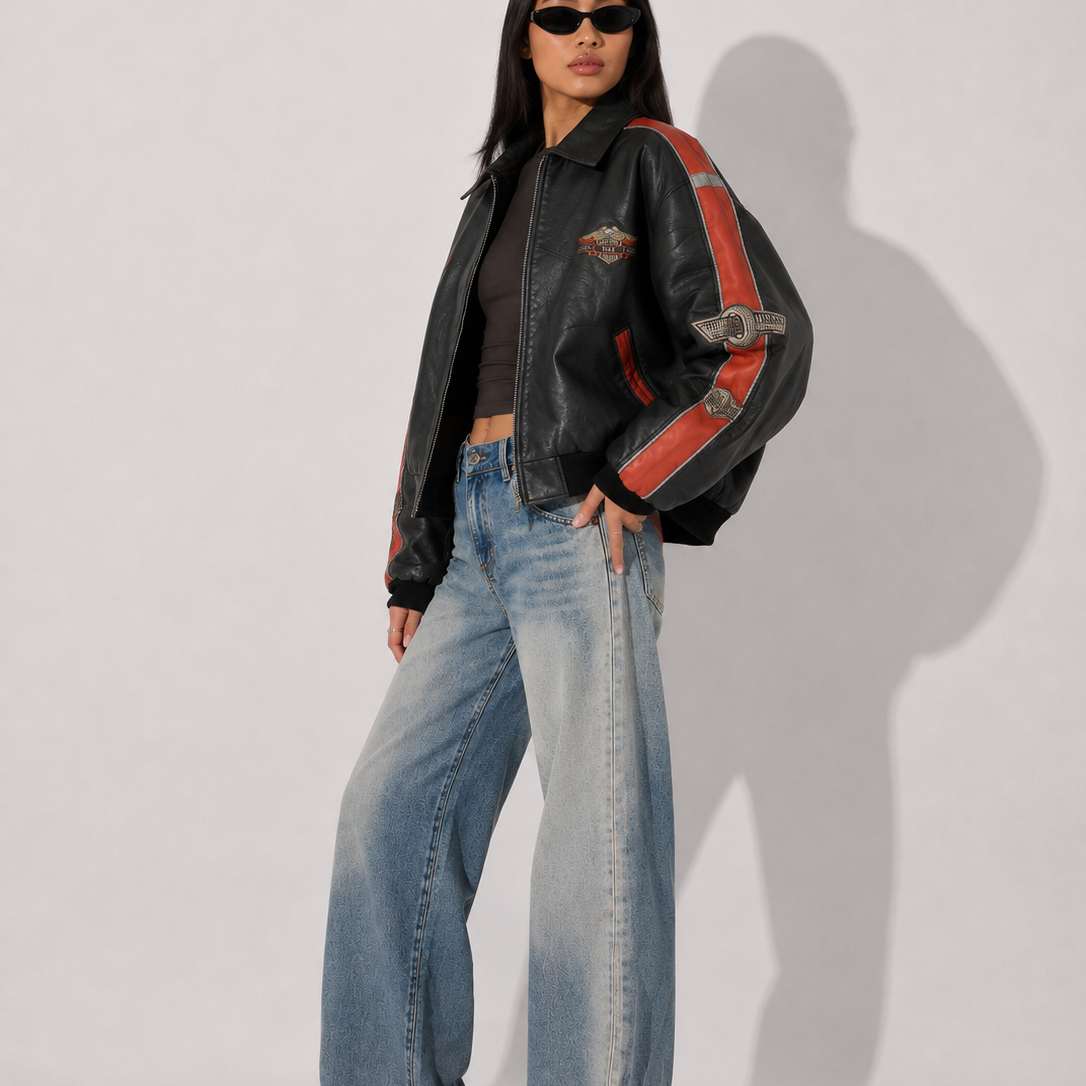 Women's Jacket - Oversized Moto Leather Zip-Up Jacket