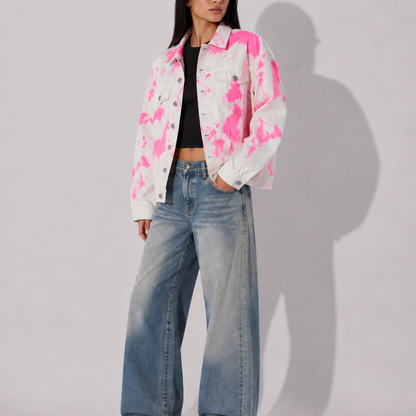 Women's Jacket - Pink and White Tie-Dye Denim Jacket