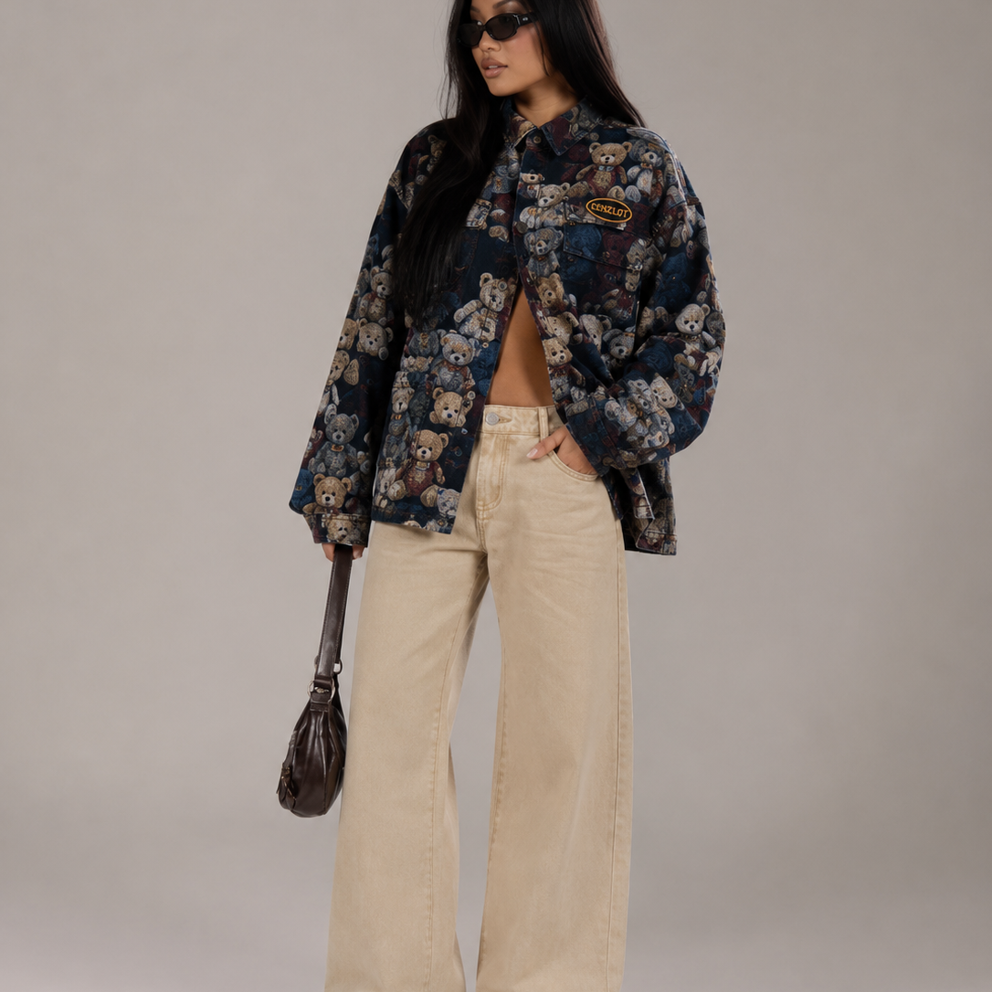 Women's Jacket - Vintage Teddy Bear Print Oversized Shacket