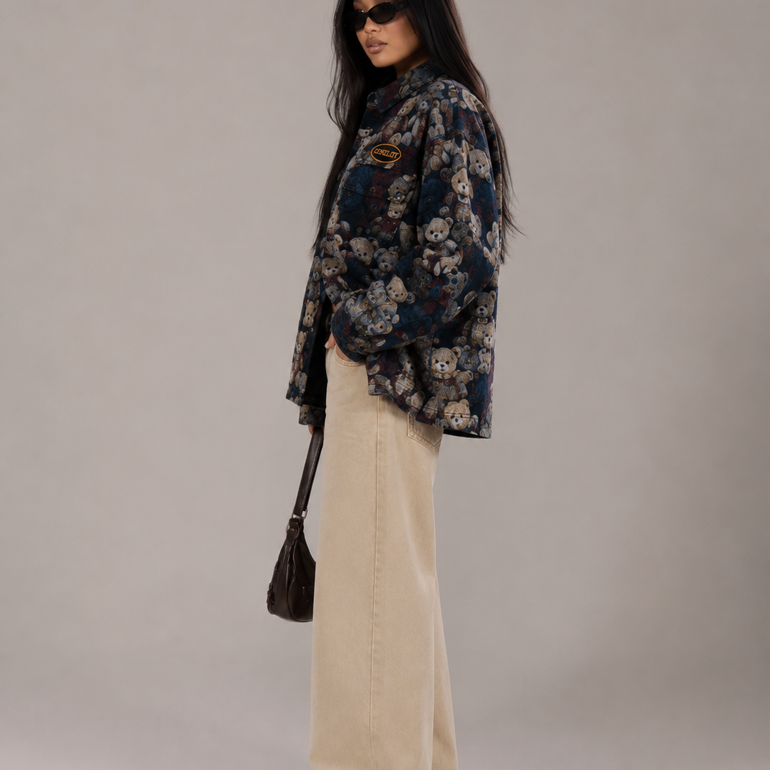 Women's Jacket - Vintage Teddy Bear Print Oversized Shacket