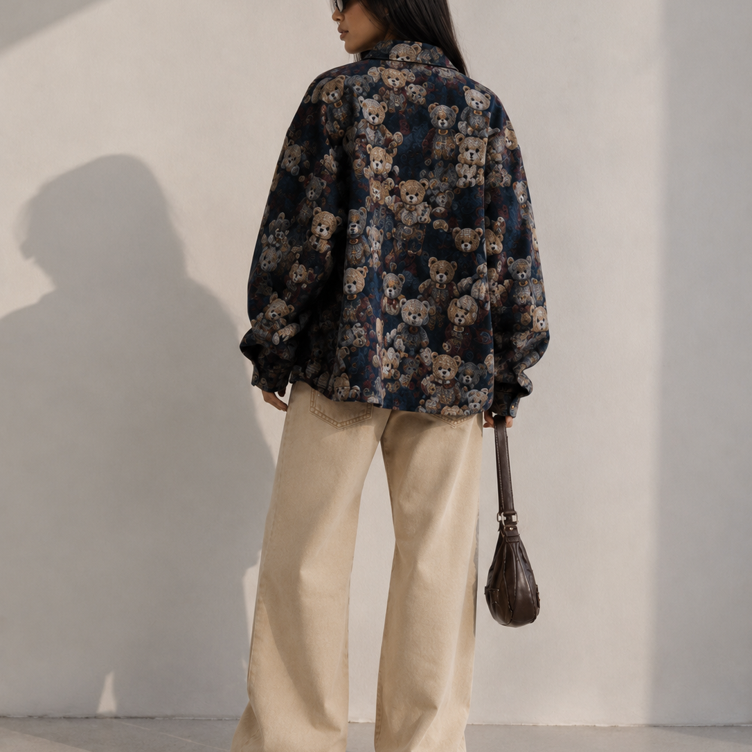 Women's Jacket - Vintage Teddy Bear Print Oversized Shacket