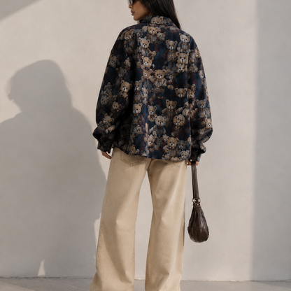 Women's Jacket - Vintage Teddy Bear Print Oversized Shacket