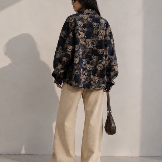 Women's Jacket - Vintage Teddy Bear Print Oversized Shacket