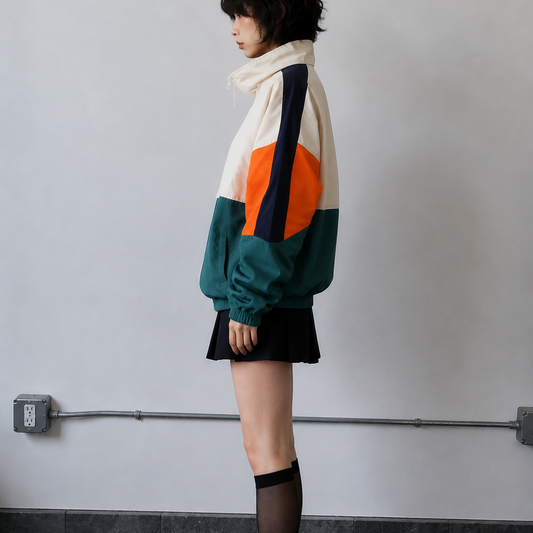 Women's Jacket - Vintage Cream Green & Orange Colorblock Windbreaker