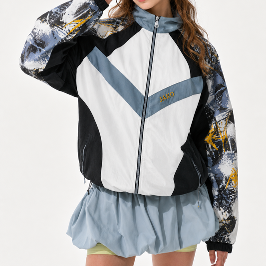 Women's Jacket - Vintage Abstract Print Colorblock Windbreaker