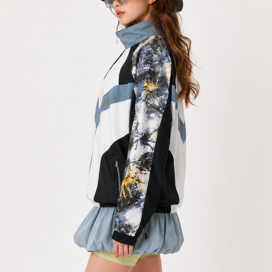 Women's Jacket - Vintage Abstract Print Colorblock Windbreaker