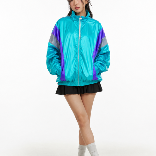 Women's Jacket - Oversized Colorblock Nylon Windbreaker