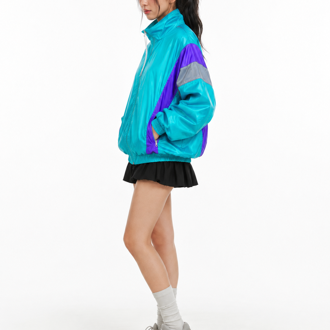 Women's Jacket - Oversized Colorblock Nylon Windbreaker