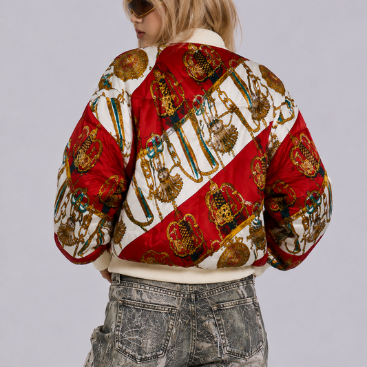 Women's Jacket Vintage Baroque Print Satin Bomber