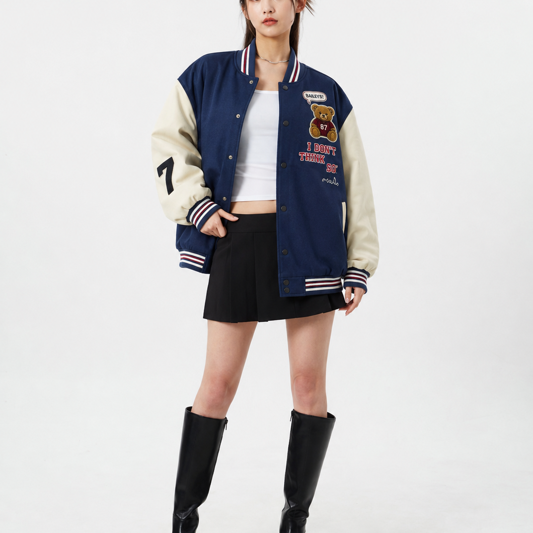 Women’s Jacket – Navy & Cream Teddy Bear Vintage Varsity
