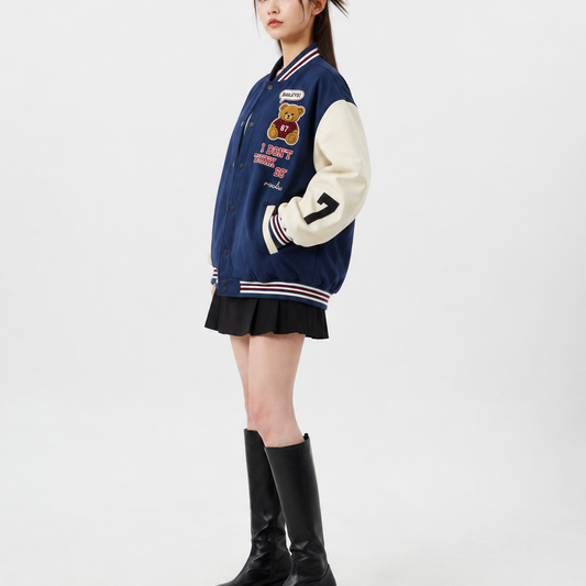 Navy & Cream Teddy Bear Vintage Bomber Jacket