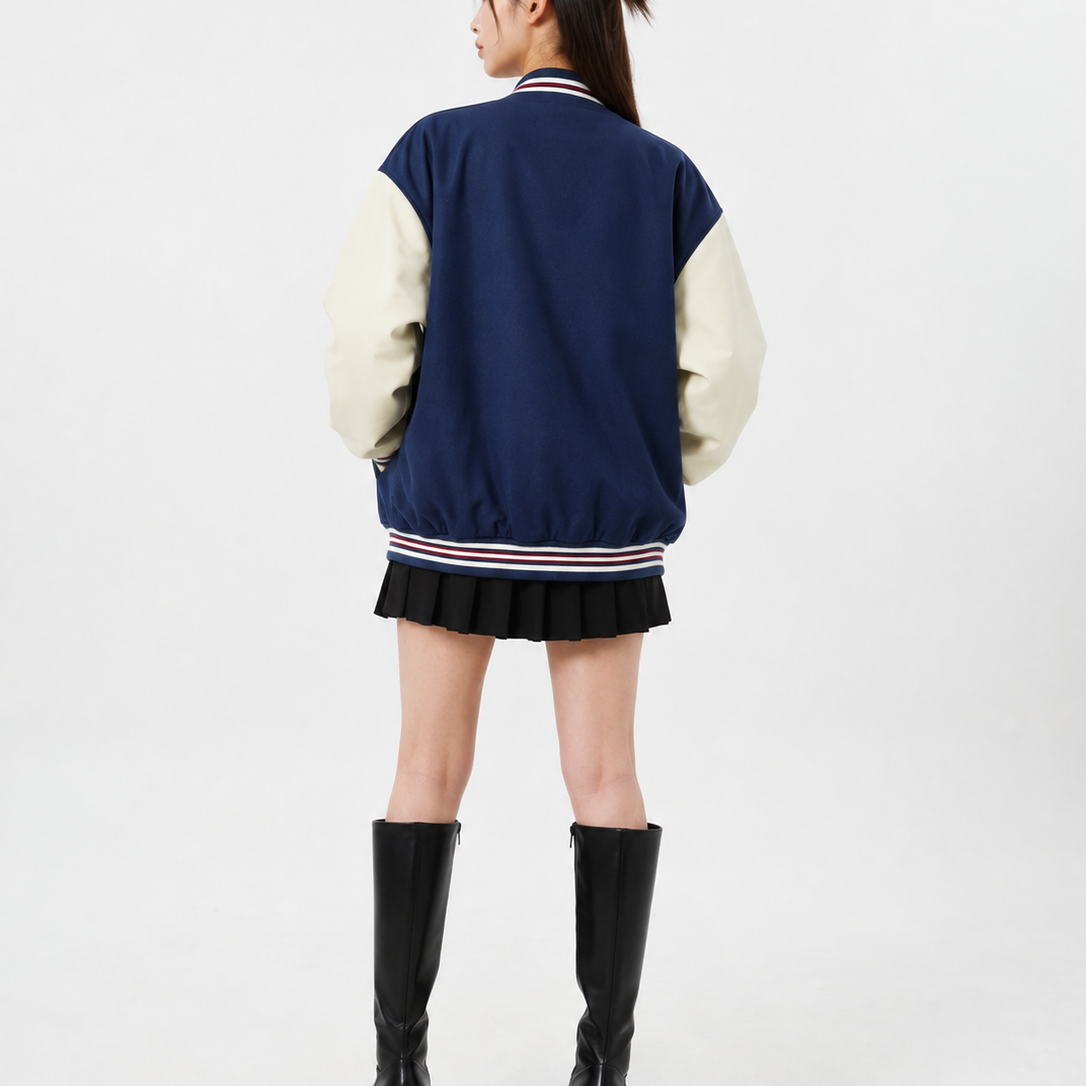 Women’s Jacket – Navy & Cream Teddy Bear Vintage Varsity