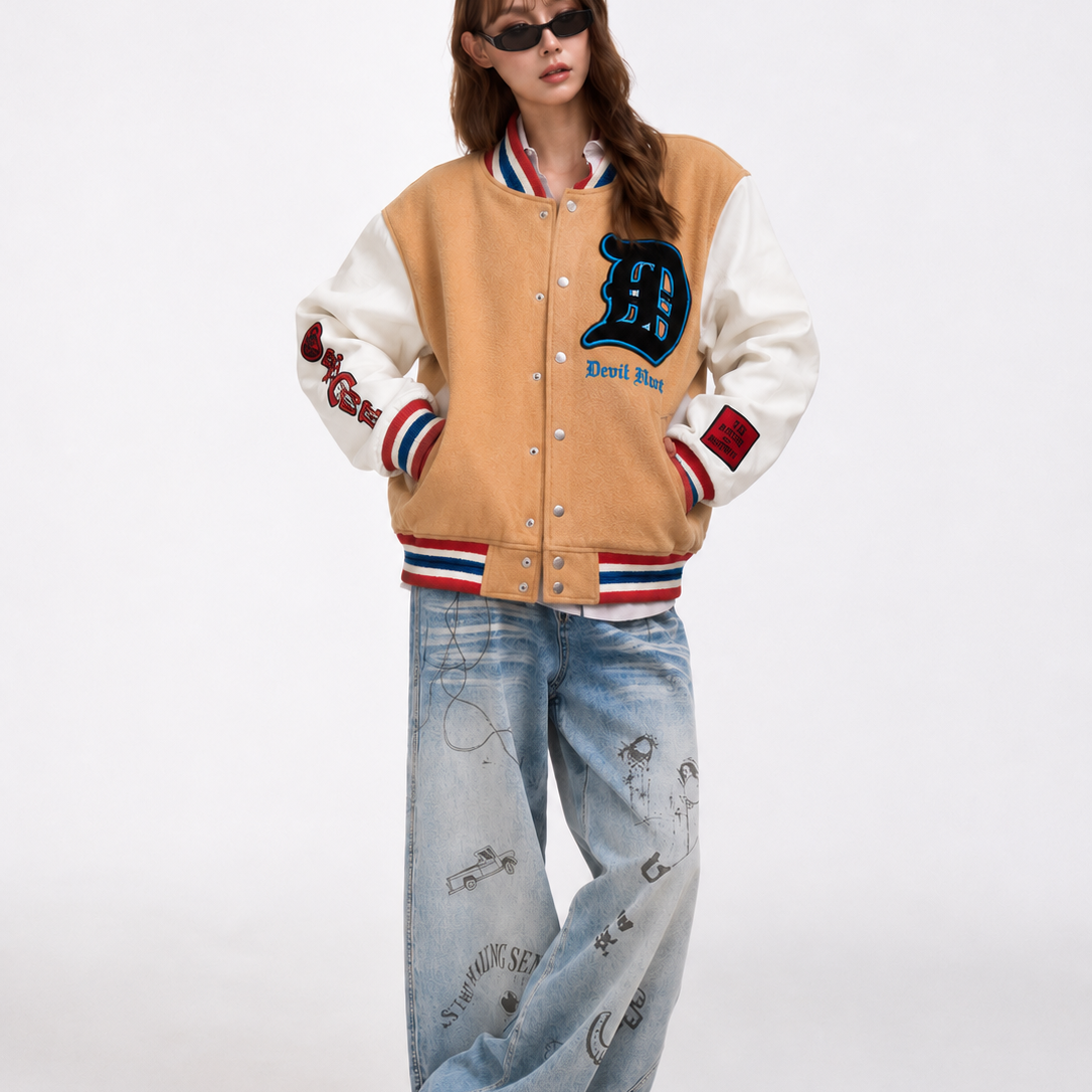 Tan & White Graphic Varsity Bomber Jacket