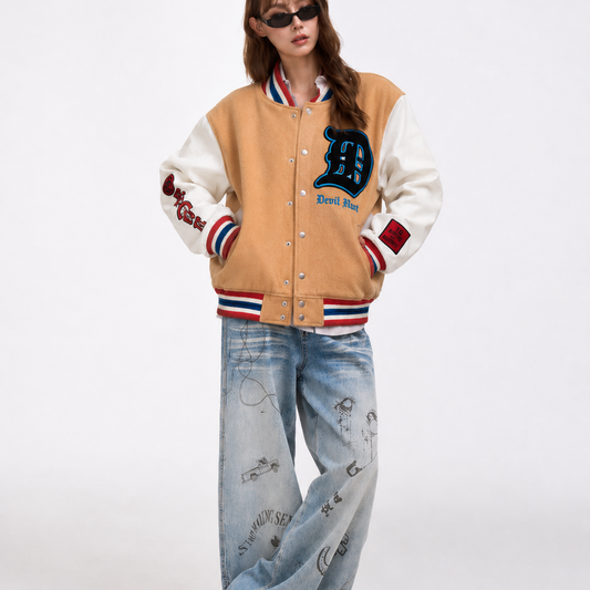 Tan & White Graphic Varsity Bomber Jacket