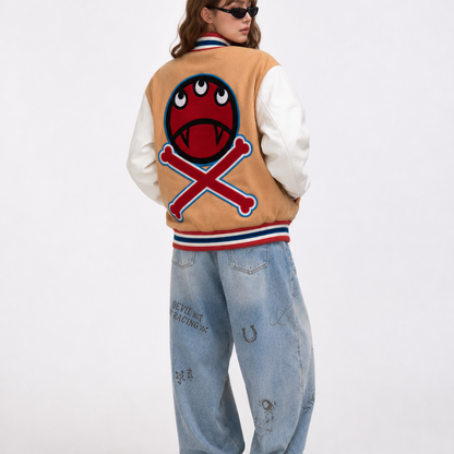 Tan & White Graphic Varsity Bomber Jacket