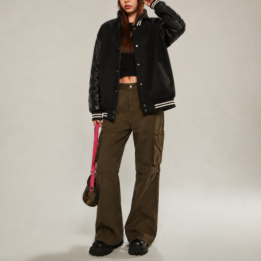Black Leather Sleeve Varsity Bomber Jacket