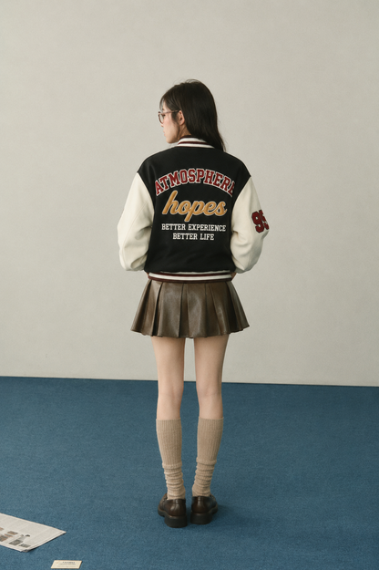 Women’s Jacket - Black & Beige Varsity Collegiate Patches