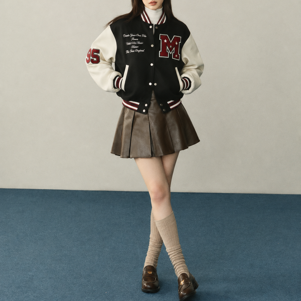 Women’s Jacket - Black & Beige Varsity Collegiate Patches