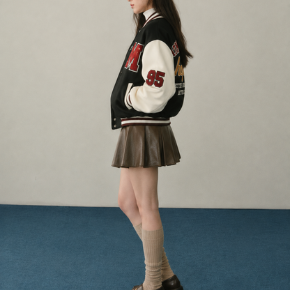 Women’s Jacket - Black & Beige Varsity Collegiate Patches