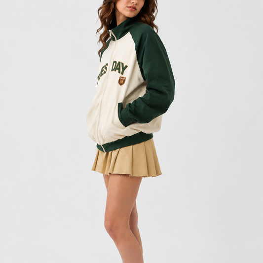 Green & Beige Zip-Up Varsity Bomber Jacket
