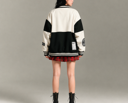 Women’s Jacket - Oversized Black & Beige Patchwork Varsity