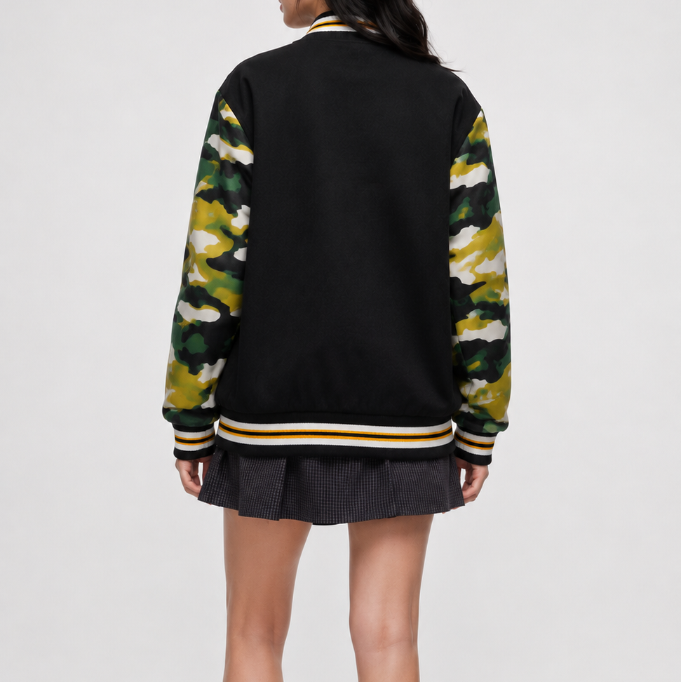 Women’s Jacket – Vintage Black Camo Sleeve Varsity