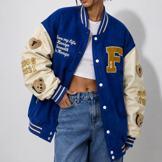 Vintage Blue & Beige Oversized Patchwork Varsity Bomber Jacket