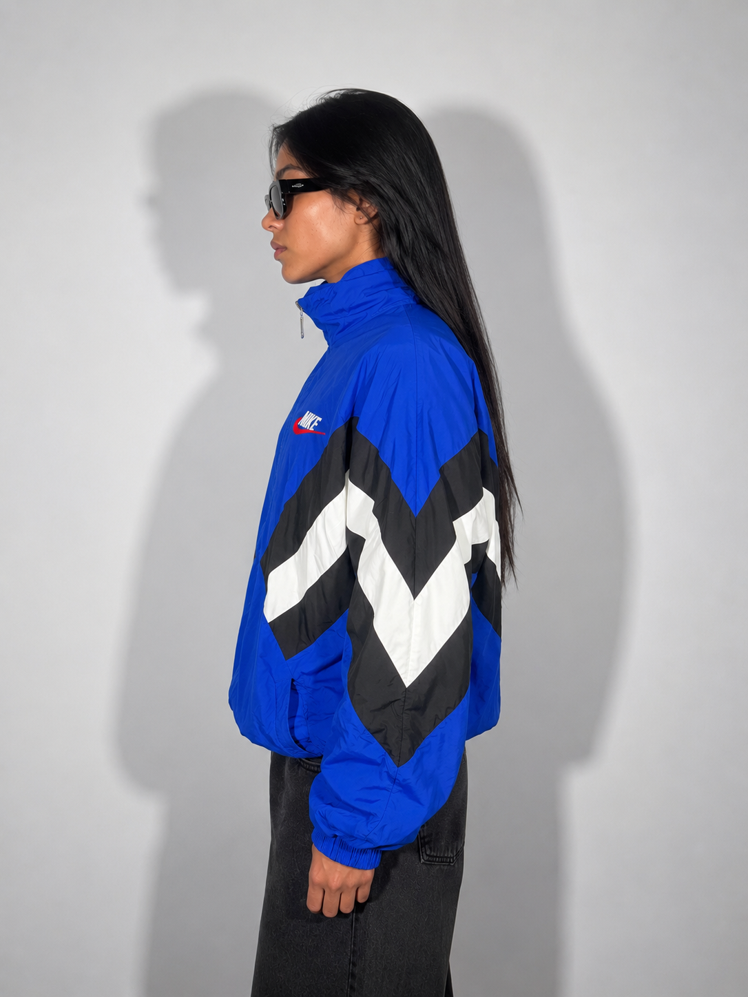 Women's Jacket Vintage Blue Chevron Panel Windbreaker