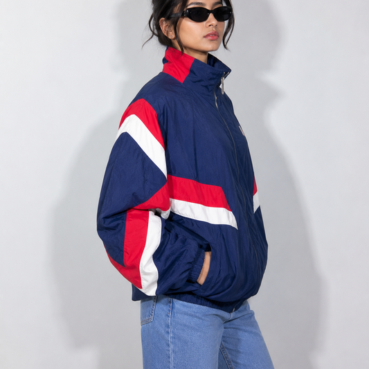 Women's Jacket Vintage Blue and Red Colorblock Windbreaker
