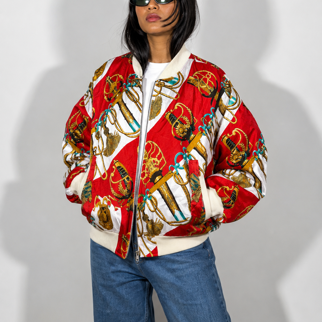 Women's Jacket Vintage Baroque Print Satin Bomber