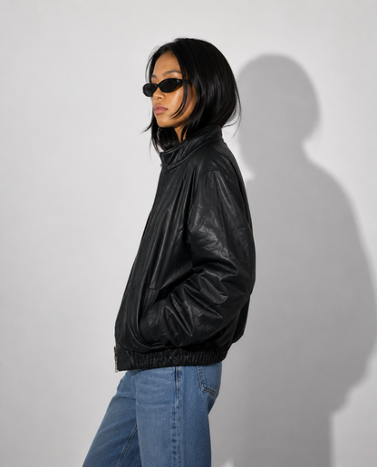 Women's Jacket Vintage Black Leather Zip-Up Bomber